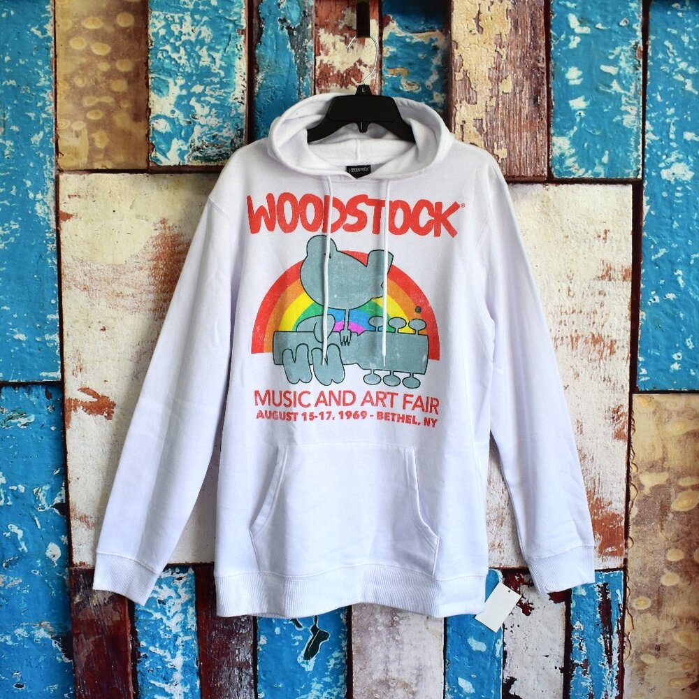 Unisex Woodstock Music & Art Fair Hoodie Rainbow Graphic LARGE White NEW